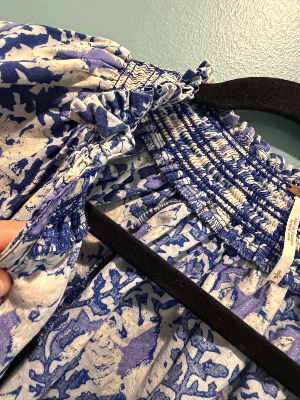 Free People Blue and Cream Floral Smocked-Neck Peasant Top - Picture 5 of 6